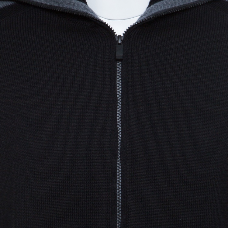 Pre Owned Z Zegna Technomerino Black Wool Contrast Panel Detail Zip Front Cardigan M