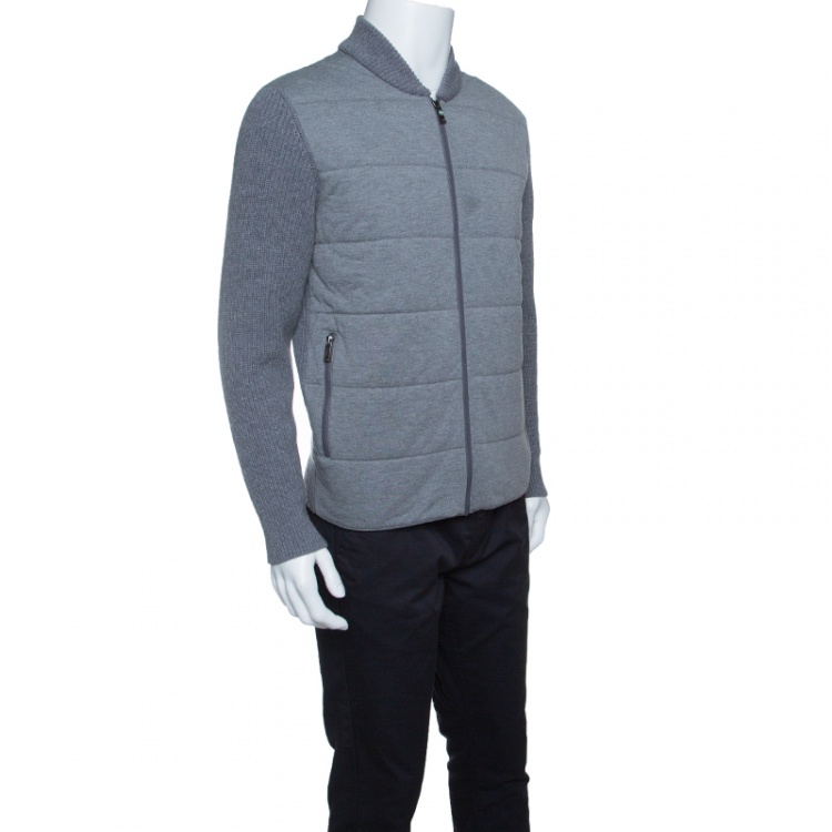 Pre Owned Z Zegna Grey Quilted Front Panel Chunky Knit Zip Front Cardigan L