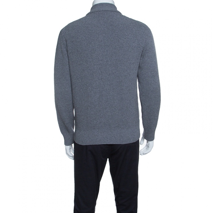 Pre Owned Z Zegna Grey Quilted Front Panel Chunky Knit Zip Front Cardigan L