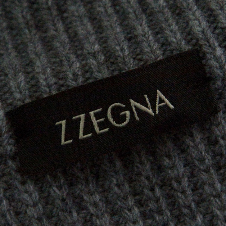 Pre Owned Z Zegna Grey Quilted Front Panel Chunky Knit Zip Front Cardigan L