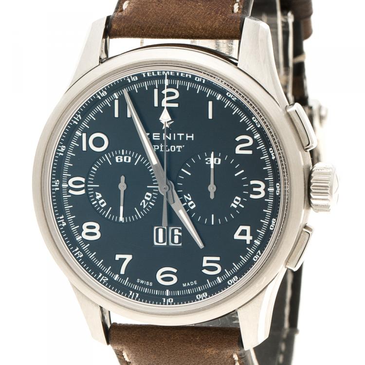 Pre Owned Zenith Black Stainless Steel El Primero Pilot 03.2410.4010/21.C722 Men's Wristwatch 42 mm