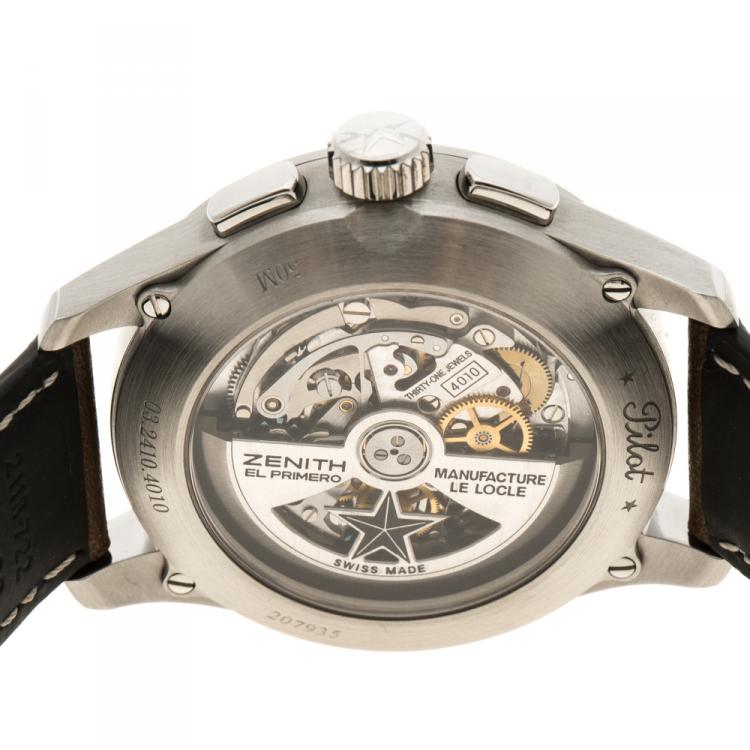 Pre Owned Zenith Black Stainless Steel El Primero Pilot 03.2410.4010/21.C722 Men's Wristwatch 42 mm