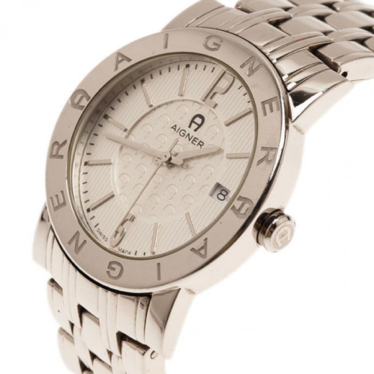 Pre Owned Aigner Cream Stainless Steel Cortina Men's Wristwatch 38MM
