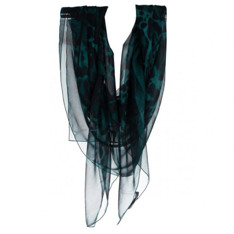 Pre Owned Alexander McQueen Green Chiffon Animalier Skull Square Scarf