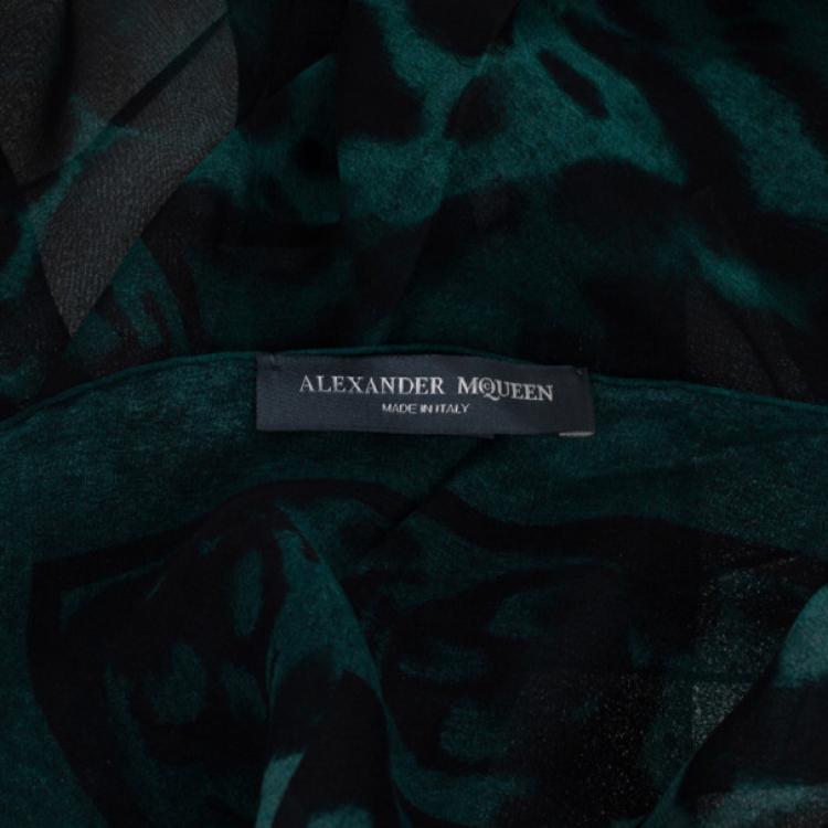 Pre Owned Alexander McQueen Green Chiffon Animalier Skull Square Scarf