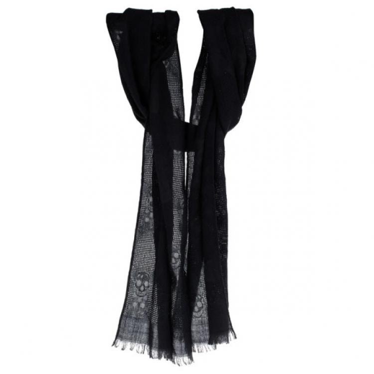 Pre Owned Alexander McQueen Black Silk and Wool Skull Scarf