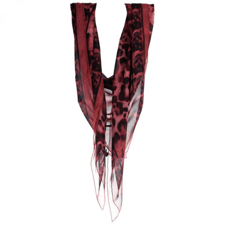 Pre Owned Alexander McQueen Red Chiffon Animalier Skull Square Scarf