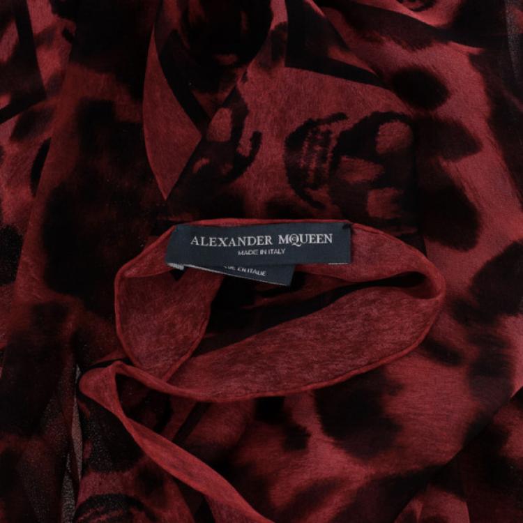Pre Owned Alexander McQueen Red Chiffon Animalier Skull Square Scarf