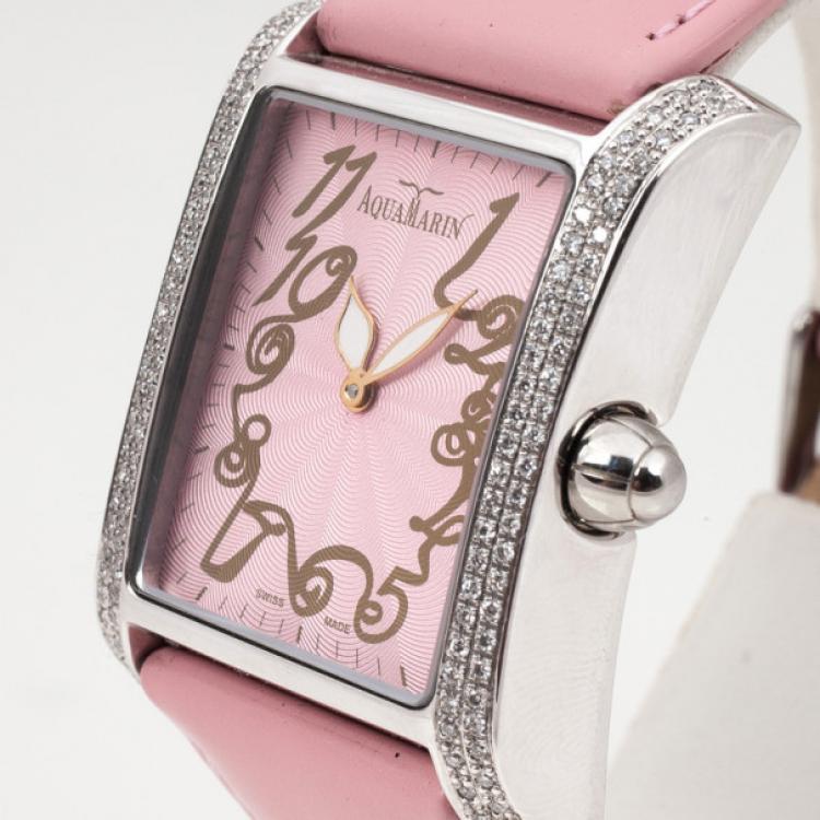Pre Owned AquaMarin Harmonie Diamond SS Leather Womens Watch 34 MM