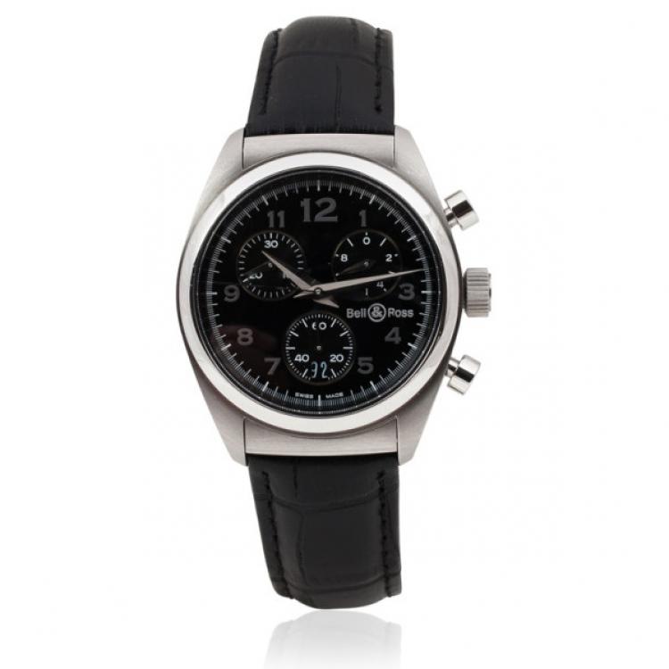 Pre Owned Bell & Ross Classic SS Leather Chronograph Womens Wristwatch 34 MM		