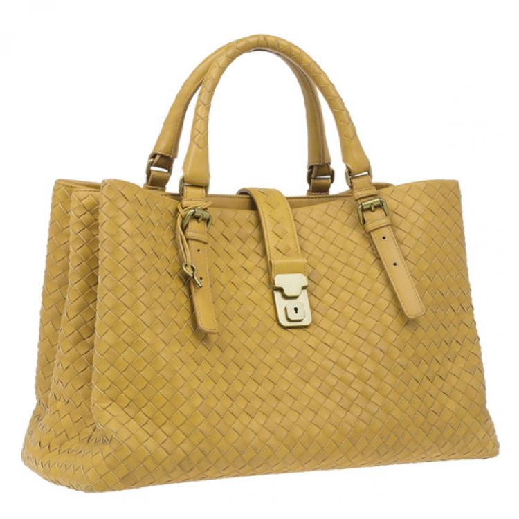 Pre Owned Bottega Veneta Mustard Leather Roma Intrecciato Tote