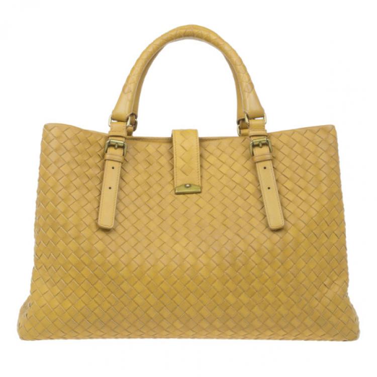 Pre Owned Bottega Veneta Mustard Leather Roma Intrecciato Tote