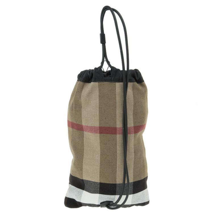 Pre Owned Burberry House Check Canvas Drawstring Bag