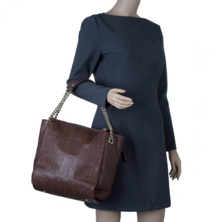 Pre Owned Carolina Herrera Brown Monogram Leather Shoulder Tote