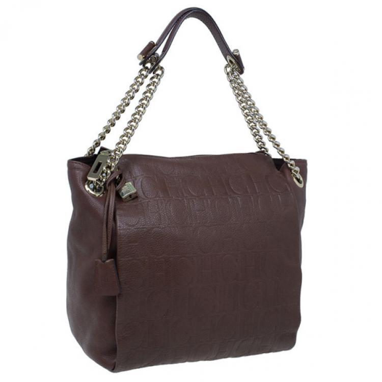 Pre Owned Carolina Herrera Brown Monogram Leather Shoulder Tote