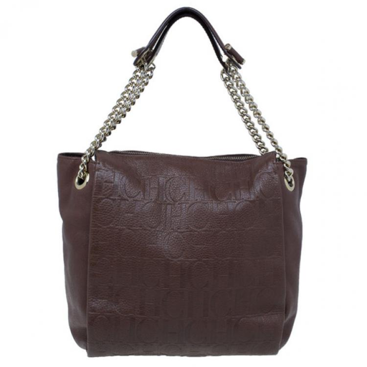 Pre Owned Carolina Herrera Brown Monogram Leather Shoulder Tote