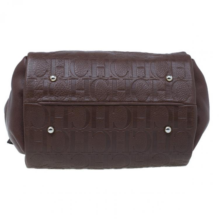 Pre Owned Carolina Herrera Brown Monogram Leather Shoulder Tote