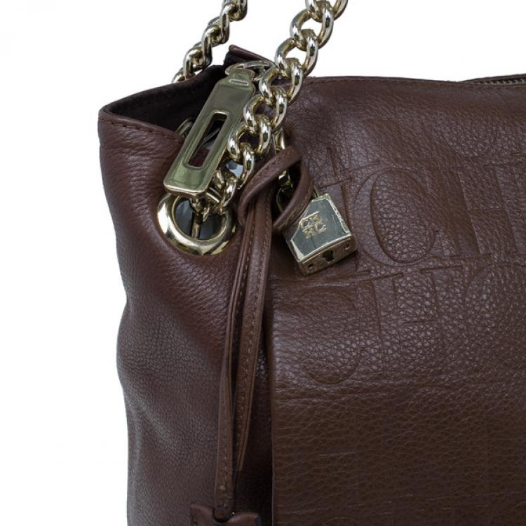 Pre Owned Carolina Herrera Brown Monogram Leather Shoulder Tote