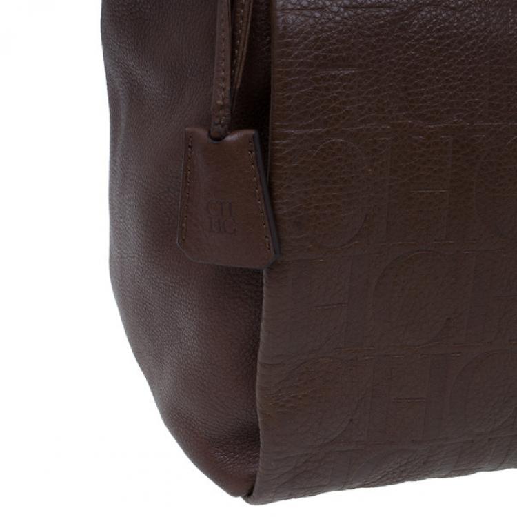 Pre Owned Carolina Herrera Brown Monogram Leather Shoulder Tote