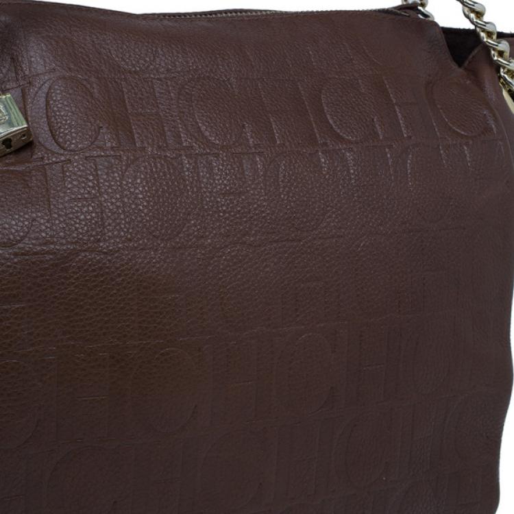 Pre Owned Carolina Herrera Brown Monogram Leather Shoulder Tote