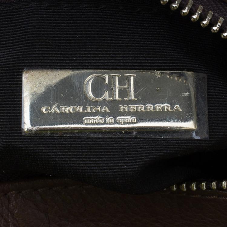 Pre Owned Carolina Herrera Brown Monogram Leather Shoulder Tote