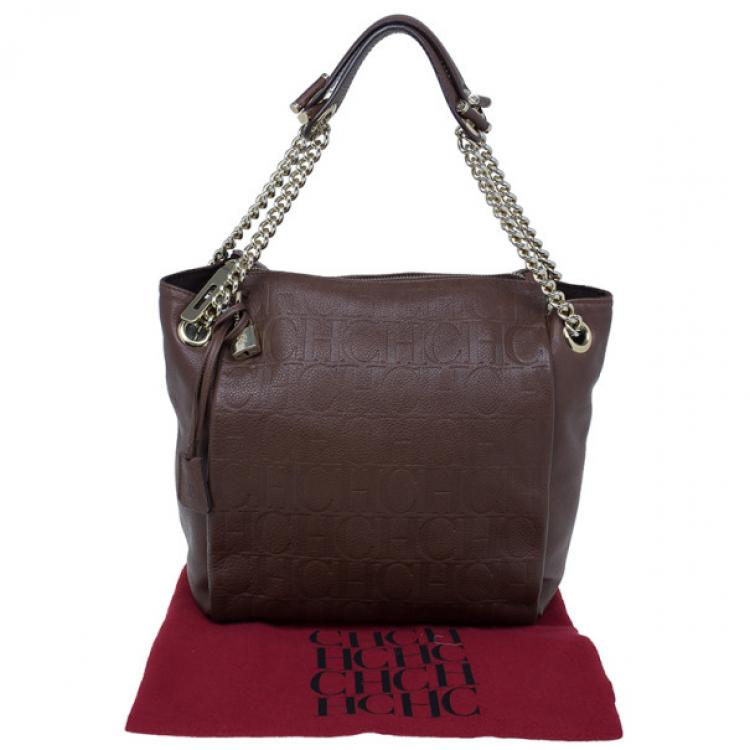 Pre Owned Carolina Herrera Brown Monogram Leather Shoulder Tote