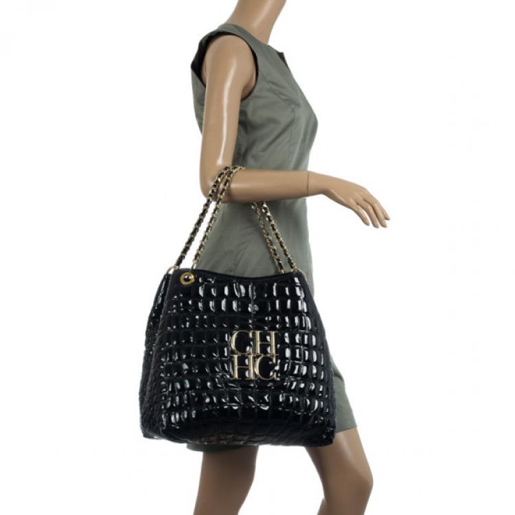 Pre Owned Carolina Herrera Black Patent Quilted Tote