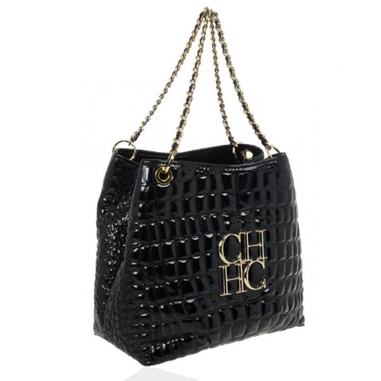 Pre Owned Carolina Herrera Black Patent Quilted Tote