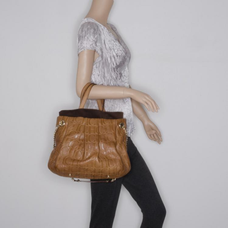 Pre Owned Carolina Herrera Brown Monogram Leather Embossed  Tote