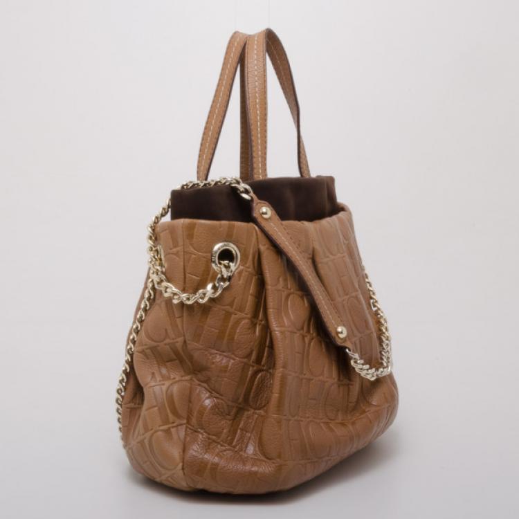 Pre Owned Carolina Herrera Brown Monogram Leather Embossed  Tote