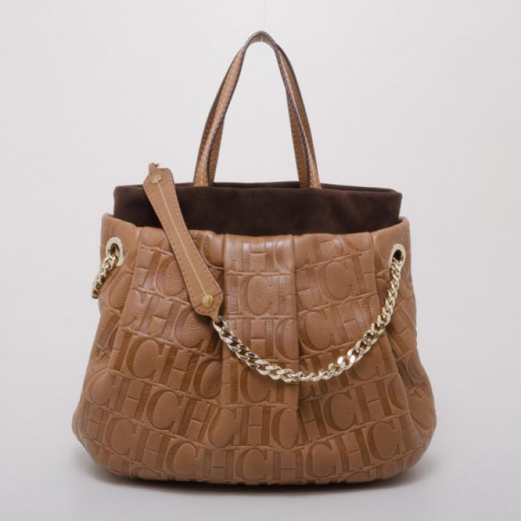 Pre Owned Carolina Herrera Brown Monogram Leather Embossed  Tote