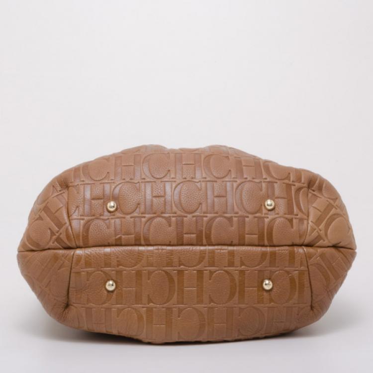 Pre Owned Carolina Herrera Brown Monogram Leather Embossed  Tote