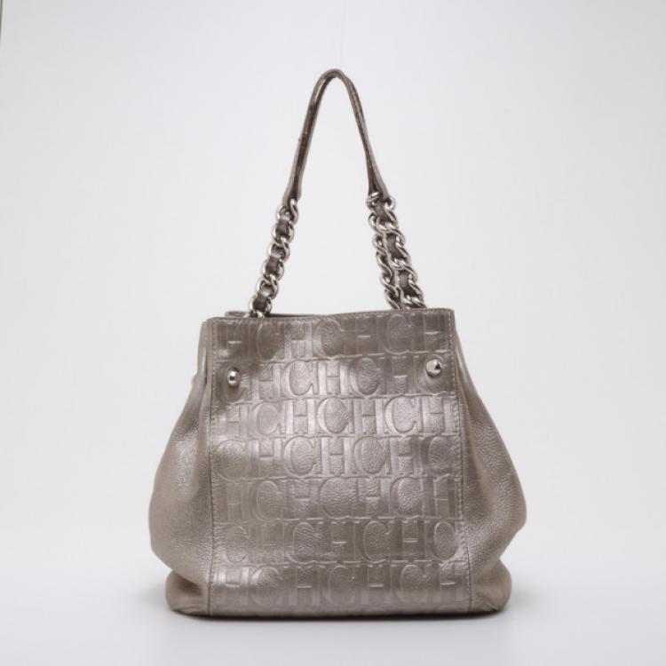 Pre Owned Carolina Herrera Monogram Chain Handle Tote Silver 