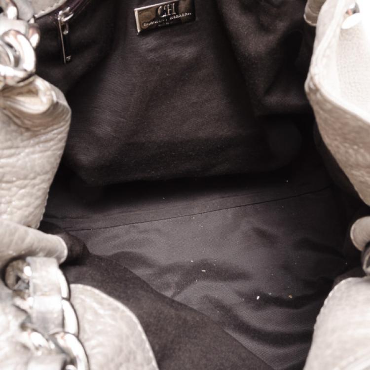 Pre Owned Carolina Herrera Monogram Chain Handle Tote Silver 