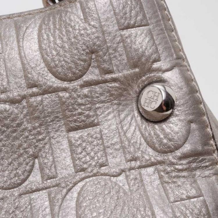 Pre Owned Carolina Herrera Monogram Chain Handle Tote Silver 