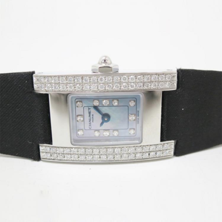 Pre Owned Chaumet Classic SS Leather Blue Mother of Pearl and Diamond Womens Wristwatch 38 MM