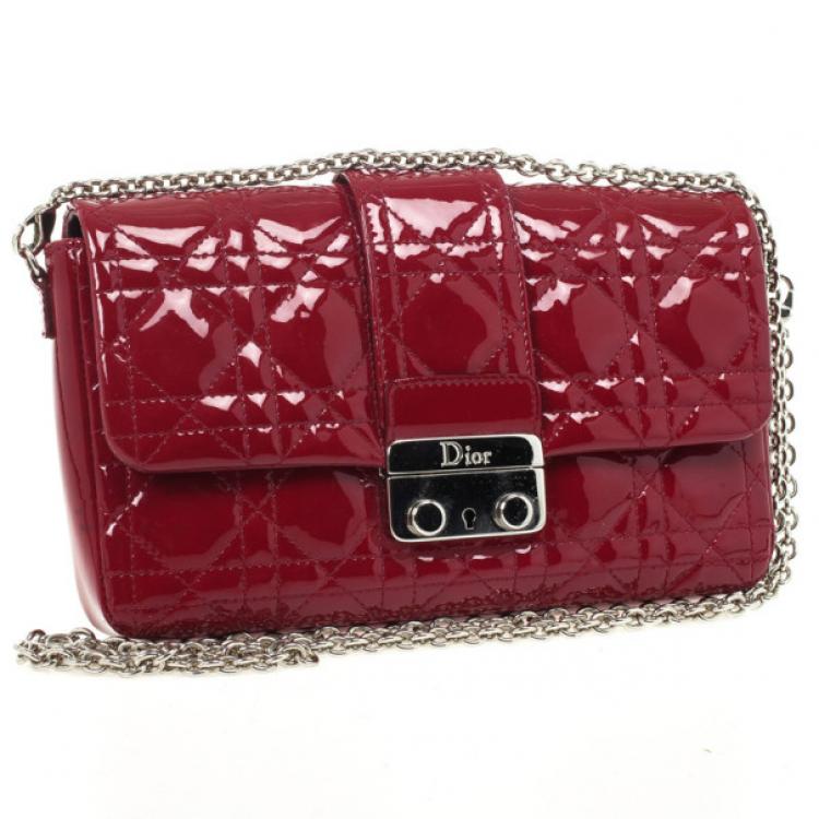 Pre Owned Christian Dior Red Cannage Quilted Patent Leather Lady Dior New Lock Mini Flap Bag
