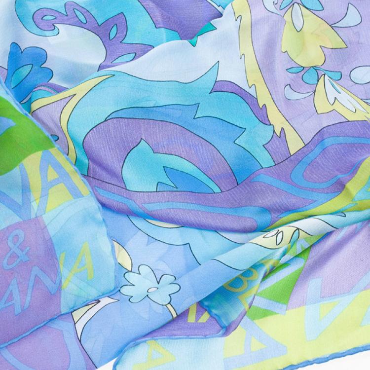 Pre Owned Dolce and Gabbana Blue Floral Print Square Scarf