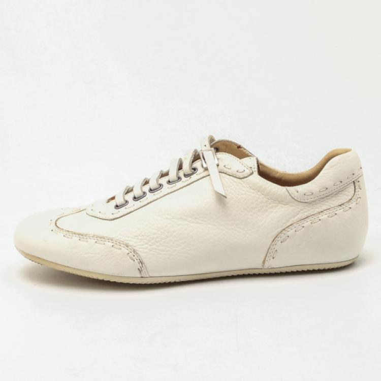 Pre Owned Fendi Cream Leather Lace Up Sneakers Size 44