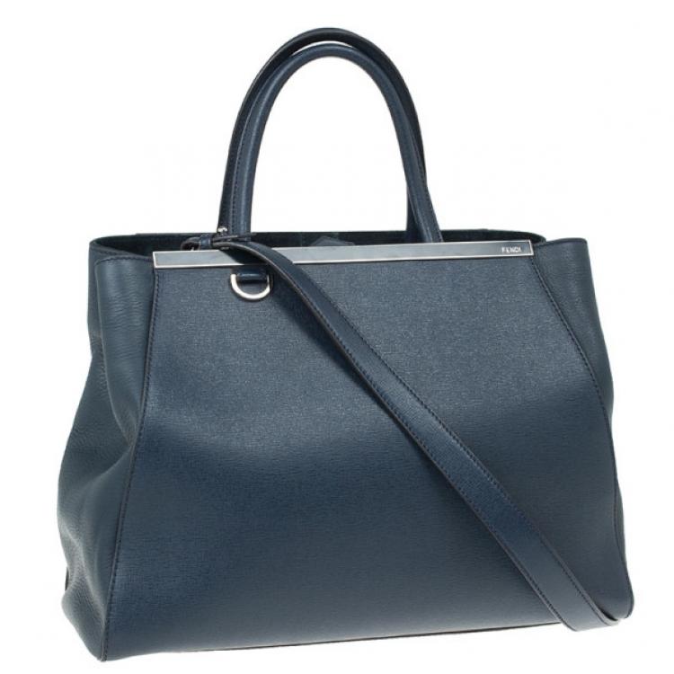 Pre Owned Fendi Navy Blue Leather Large 2Jours Tote