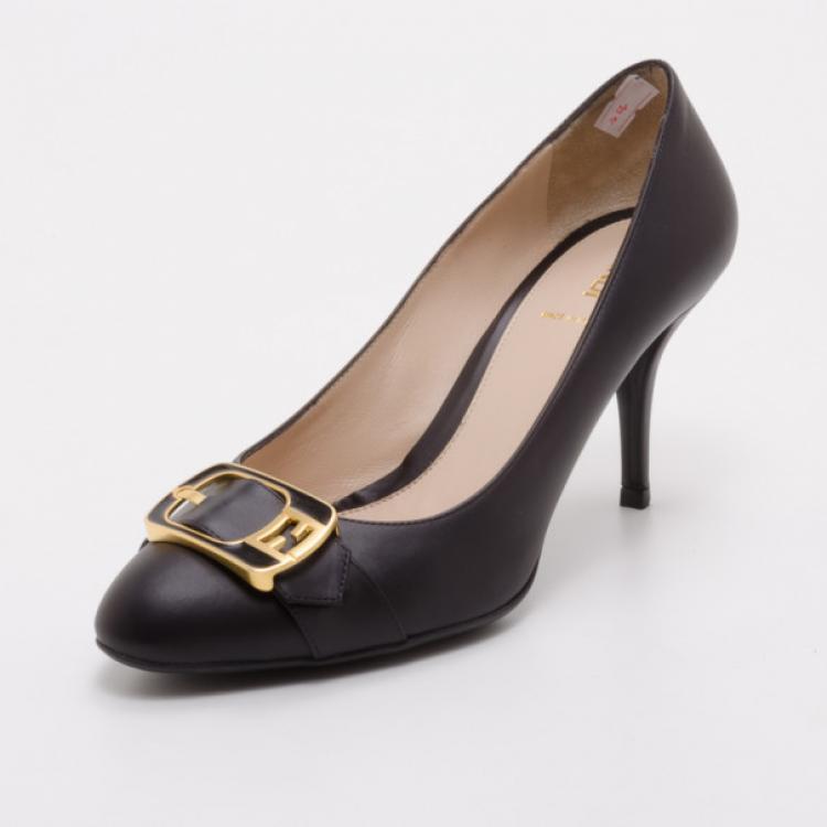 Pre Owned Fendi Black Leather Chameleon Buckle Pumps Size 40
