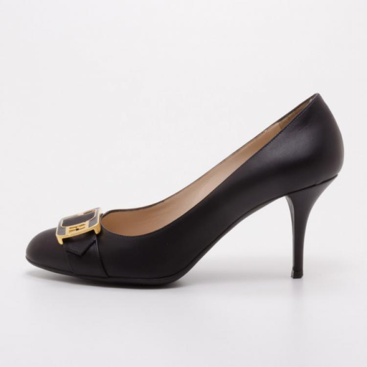 Pre Owned Fendi Black Leather Chameleon Buckle Pumps Size 40