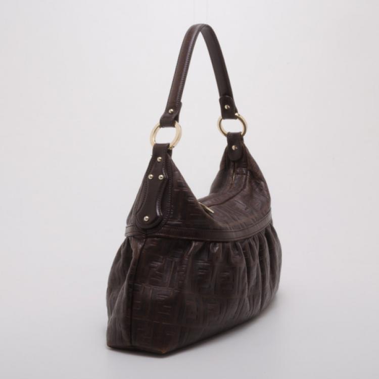 Pre Owned Fendi Brown Leather Monogram Chef Hobo 