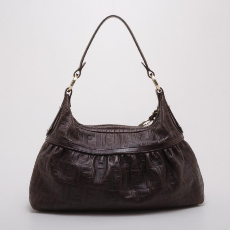 Pre Owned Fendi Brown Leather Monogram Chef Hobo 