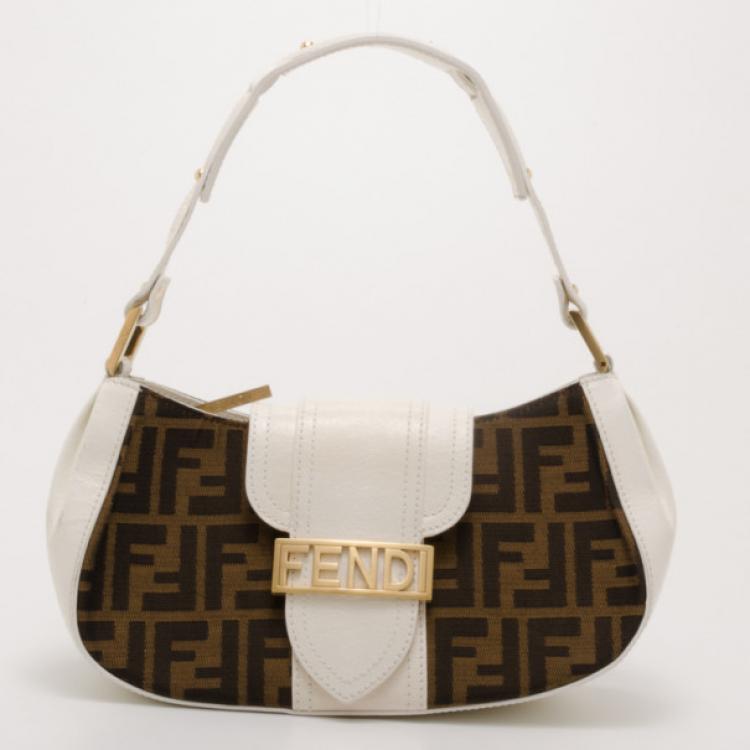 Pre Owned Fendi Monogram Small Shoulder Bag with White Trim 