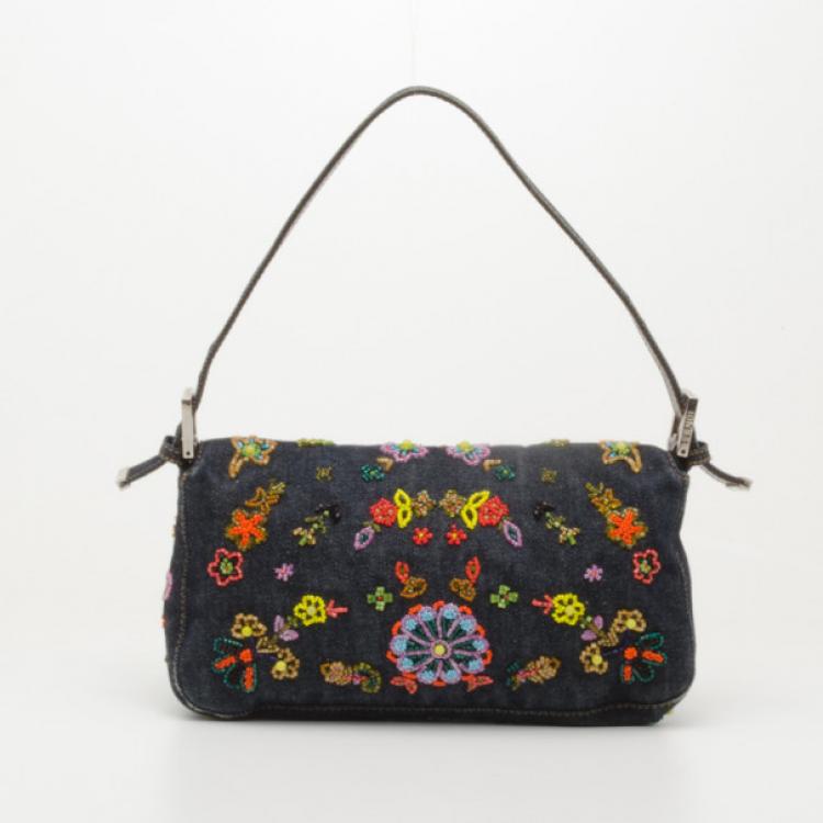 Pre Owned Fendi Floral Beaded Denim Baguette Bag