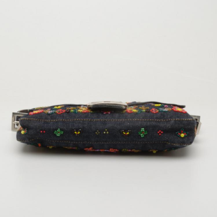 Pre Owned Fendi Floral Beaded Denim Baguette Bag