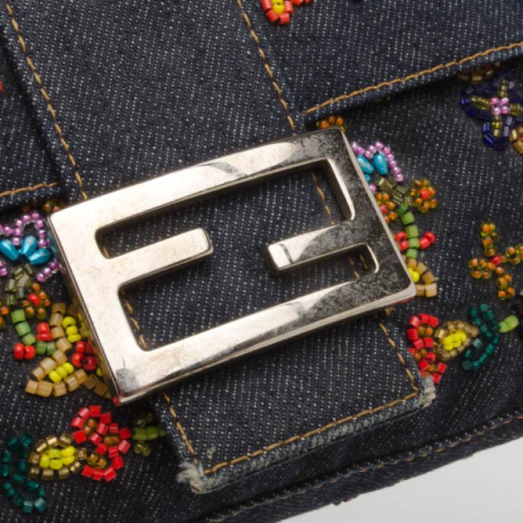 Pre Owned Fendi Floral Beaded Denim Baguette Bag