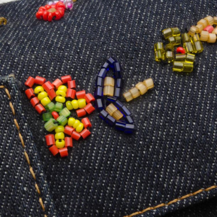 Pre Owned Fendi Floral Beaded Denim Baguette Bag