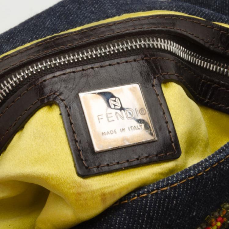 Pre Owned Fendi Floral Beaded Denim Baguette Bag